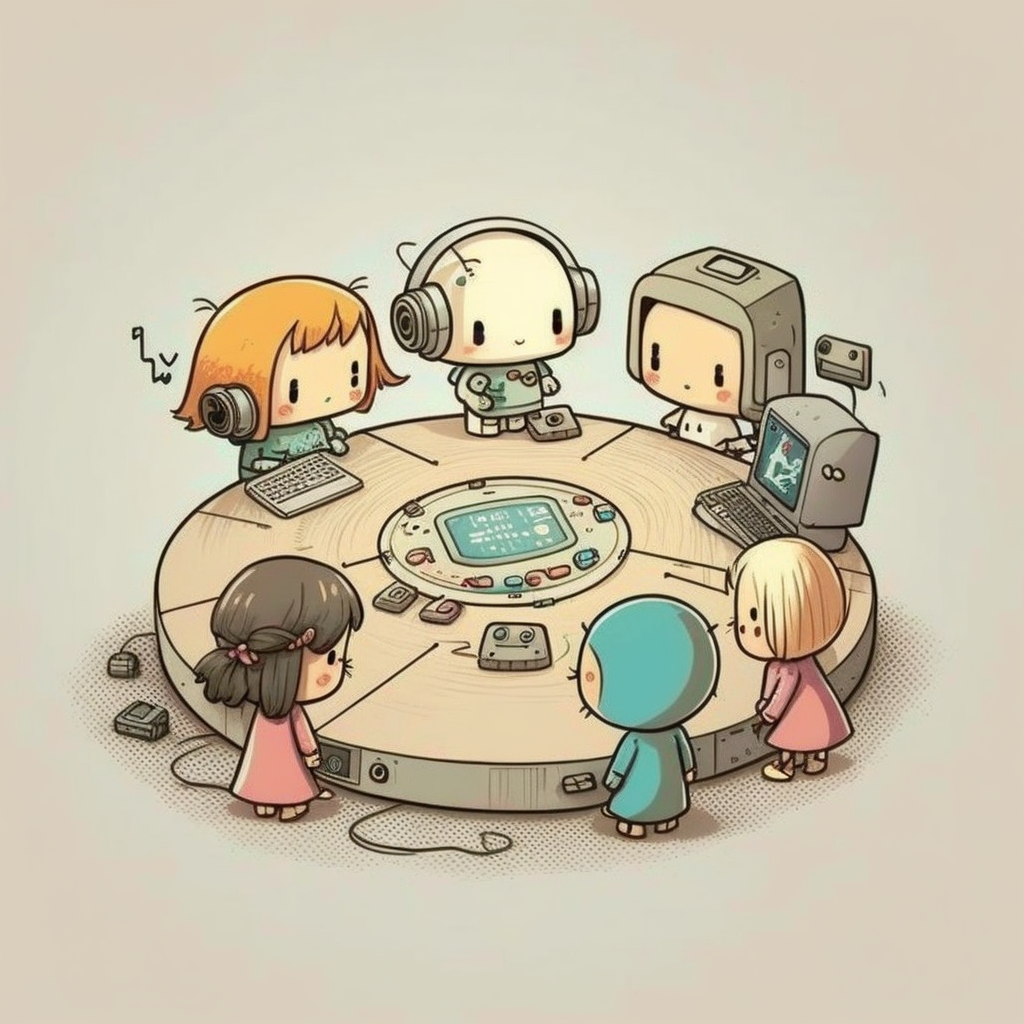 Image created using Midjourney under CC BY-NC 4.0 Human-Machine surrounding over a table discussing